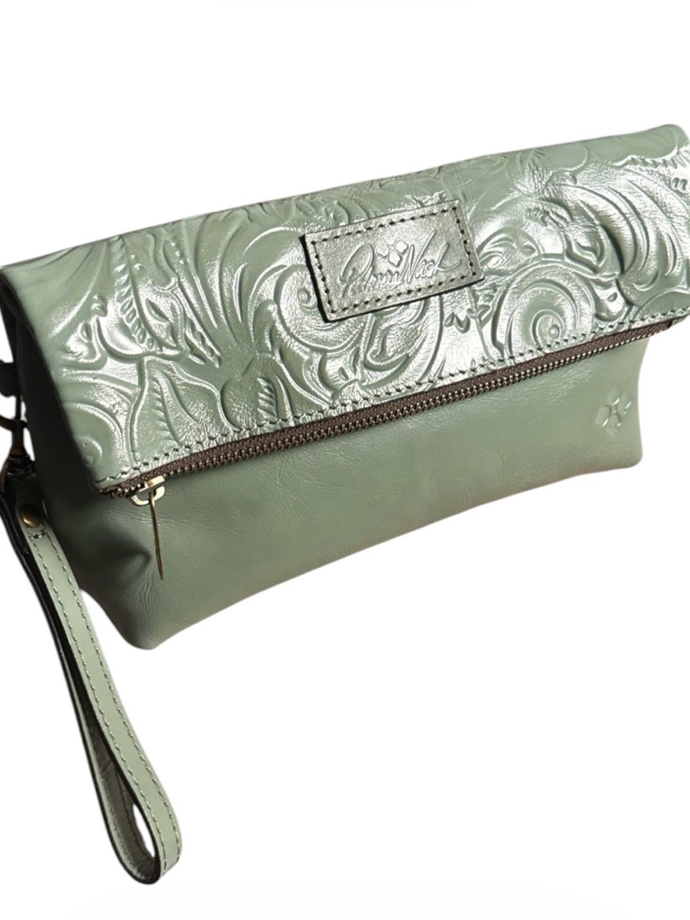Patricia Nash Light Sage Embossed Fold-Over Wristlet Clutch green zip closure